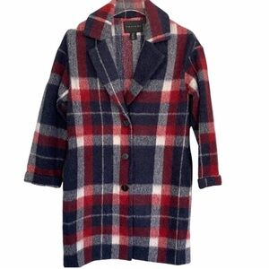 NWT Tahari Wool Plaid Americana Red Navy Peacoat Blazer Jacket Oversized Blue XS